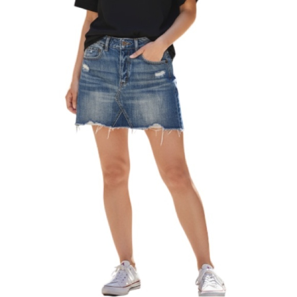 American Eagle Patchwork Skirt Blue Denim Cutoff Distressed Mini Western Boho 6